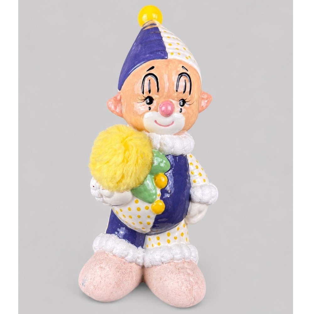 Vintage Ceramic Clown Figurine Purple White Harlequin Polka Dot Pom Pom 10 Inch